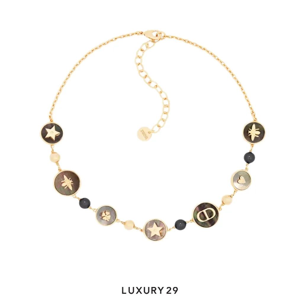 Dior D-Luck Short Necklace Gold-Finish Metal with White and Deep Gray Resin Pearls and Tahiti Mother-of-Pearl(Free Size, Gold)