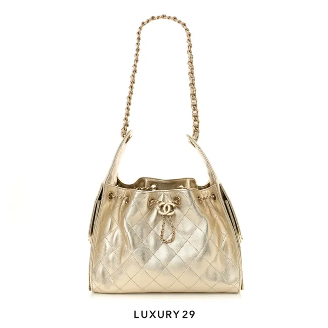 Chanel 25 Small Hand Bag Metallic Gold Caviar Light Gold Hardware