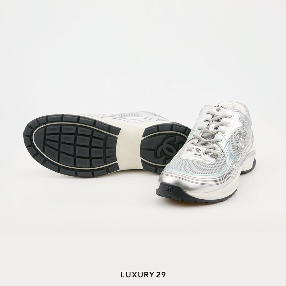Chanel Trainers Fabric & Laminated Light Gray & Silvered(44, Grey)