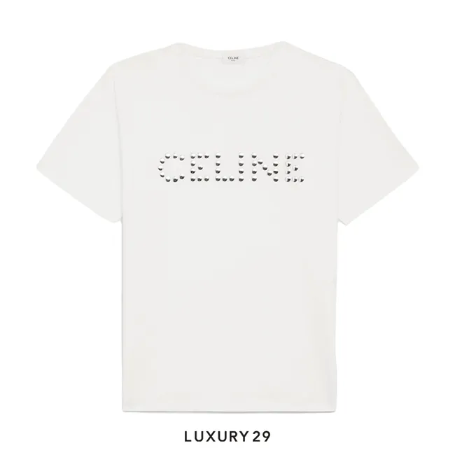 CELINE STUDS LOOSE T-SHIRT IN COTTON JERSEY WHITE/ SILVER