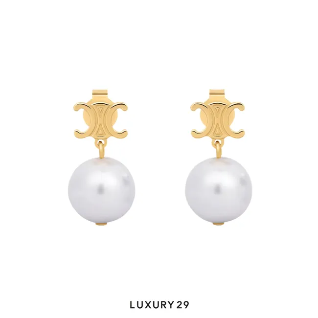 Celine Les Perles Celine Earrings in Brass with Gold Finish and Resin Pearls