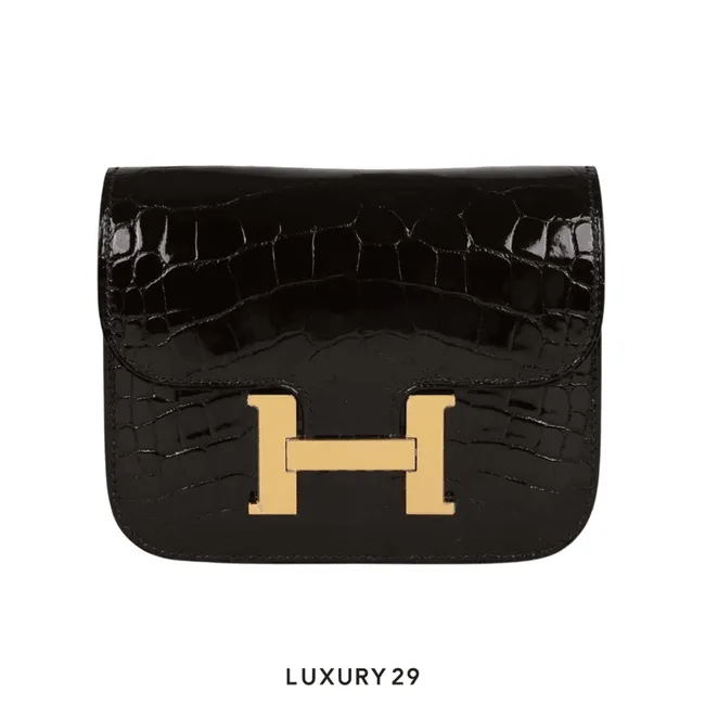 Hermes Constance Slim Wallet Shiny Black Alligator Gold Hardware / B Stamp  (2023)