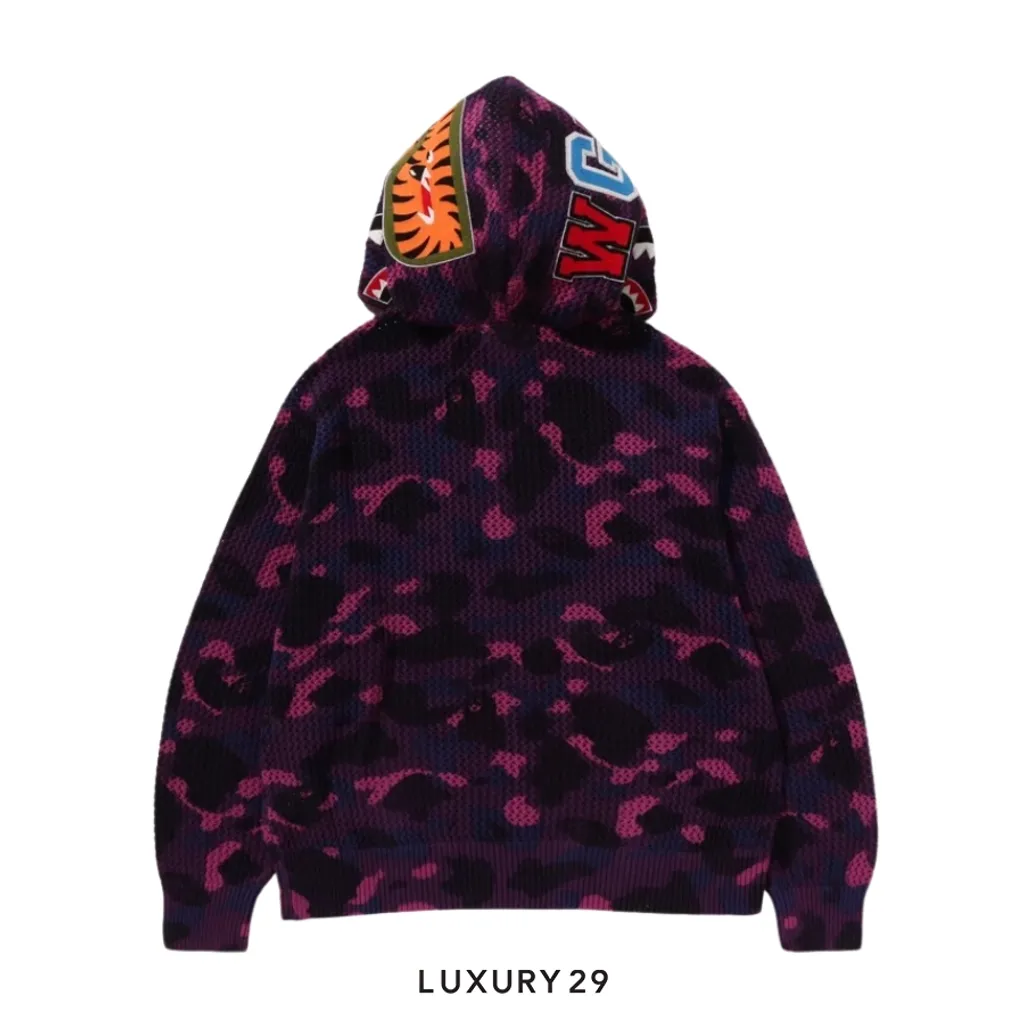 A Bathing Ape COLOR CAMO CROCHET RELAXED FIT SHARK FULL ZIP HOODIE Purple(XL, Purple)