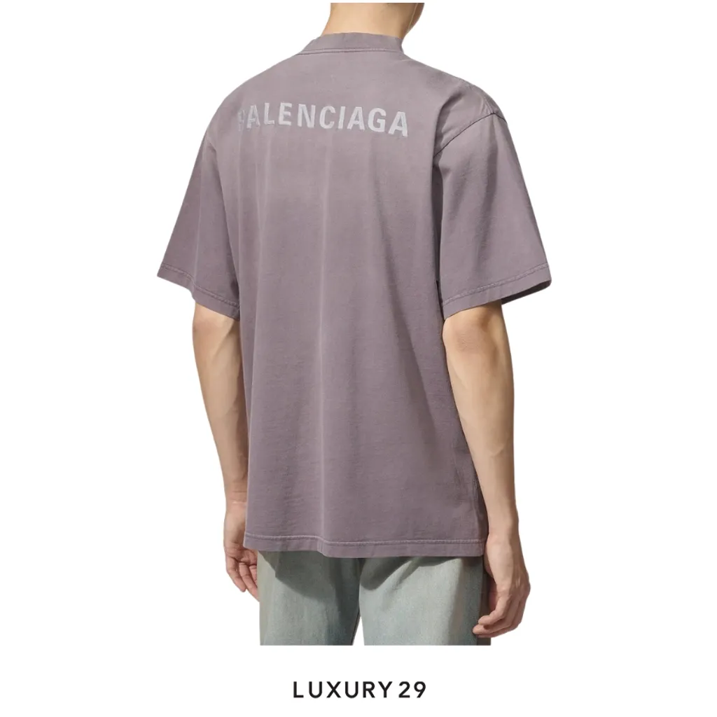 Balenciaga Medium Fit Logo Short Sleeve T-Shirt Faded Purple(S, Purple)