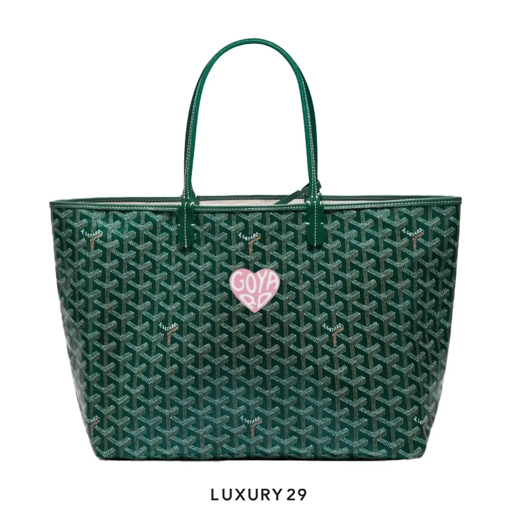 Goyard Saint Louis PM Bag Green Hand-Painted Heart Pink(Small, Green)