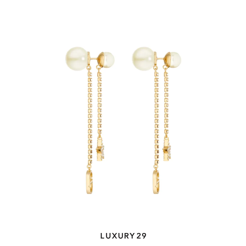 Dior Tribales Earrings Gold-Finish Metal with White Resin Pearls and Silver-Tone Crystals(Free Size, Gold)