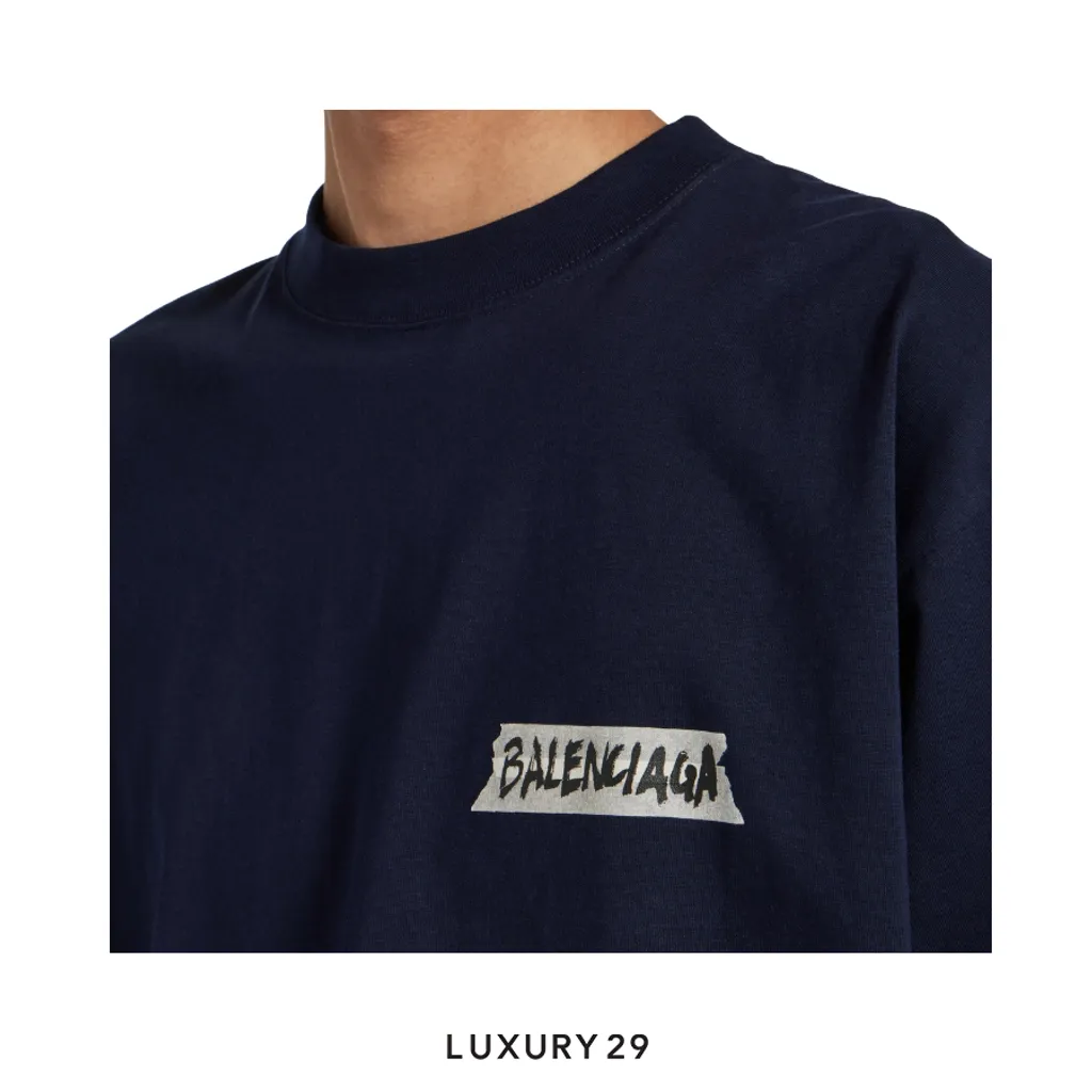 Balenciaga Men's Masking Tape Medium Fit T-shirt in Navy(M, Blue)