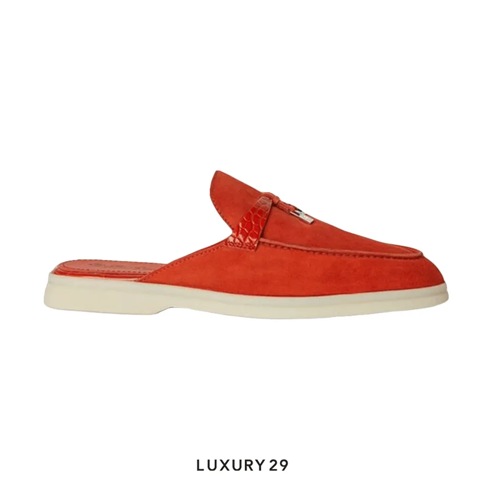 Loro Piana Nautical Charms Walk Babouche Loafers Suede Orange Flame(39, Orange)