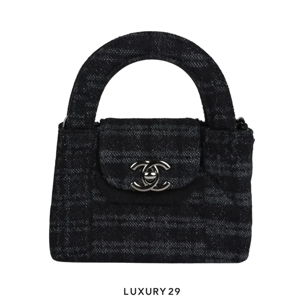 Chanel Micro Shopping Bag Printed Denim & Ruthenium-Finish Metal Black & Grey(Mini, Black)