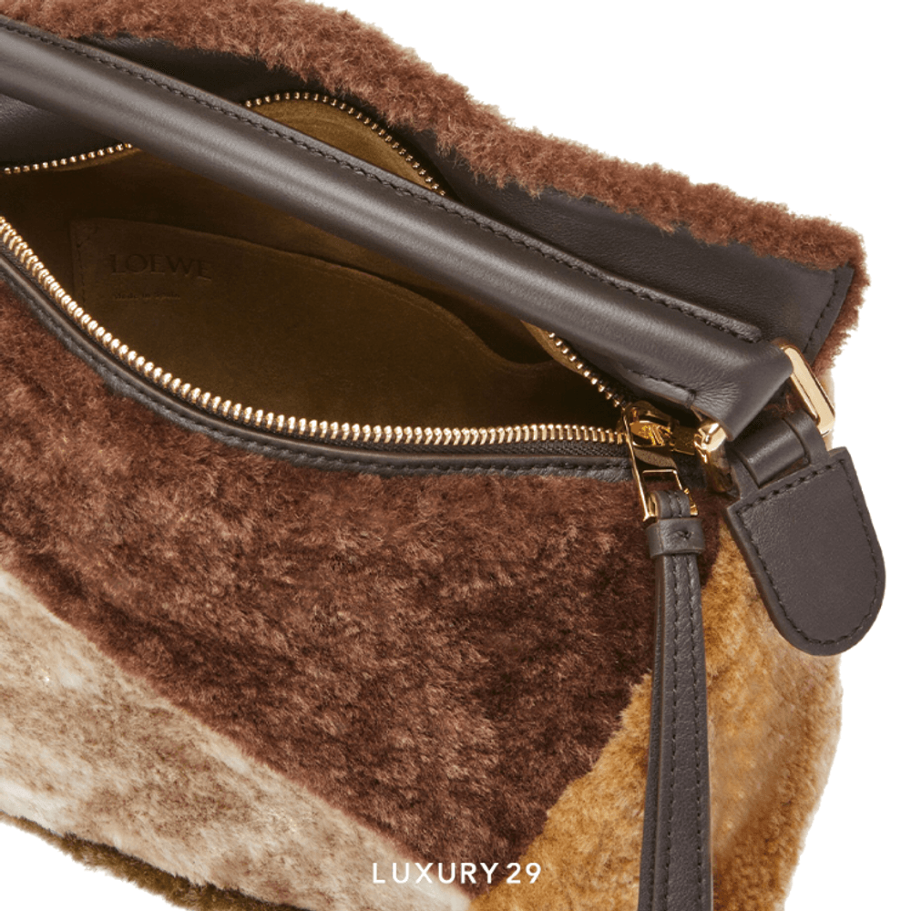 Loewe Small Puzzle Bag in Shearling Multicolor(Small, Brown)