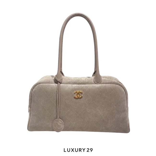 Chanel Spring Summer 2026 Collection Bowling Light Beige Suede Bag Featuring Gold-Tone Hardware