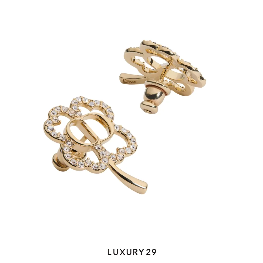 Dior CD Shiny Clover Earrings Gold-Finish Metal and Crystals(Free Size, Gold)