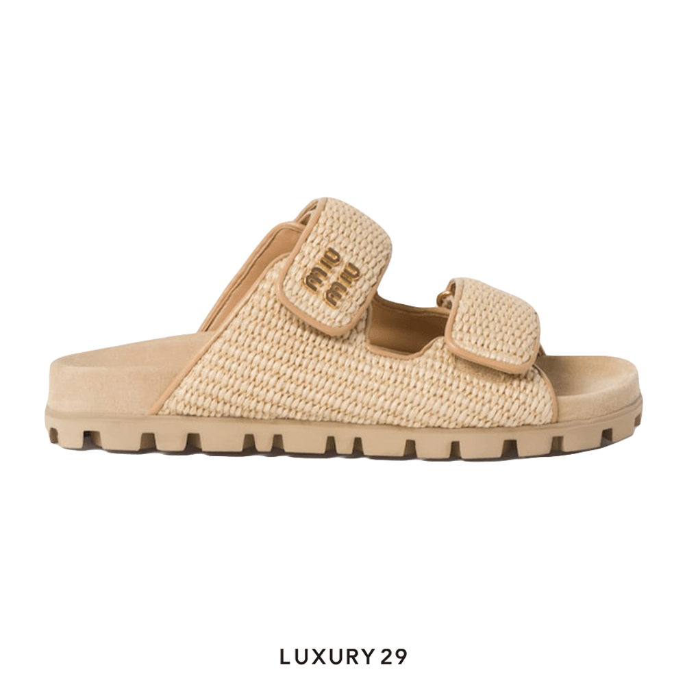 Miu Miu Sporty raffia-effect woven fabric sandals(39, Neutrals)
