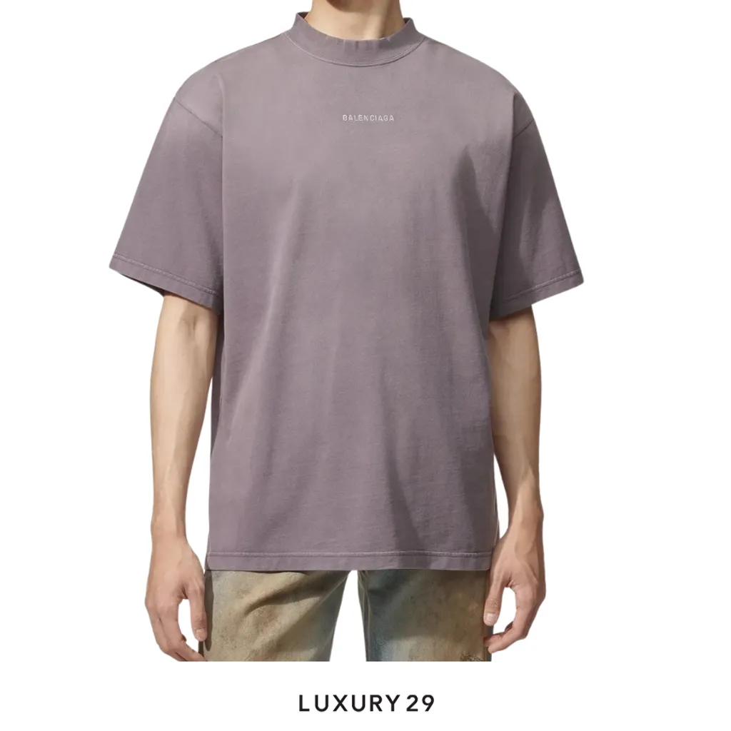 Balenciaga Medium Fit Logo Short Sleeve T-Shirt Faded Purple(S, Purple)