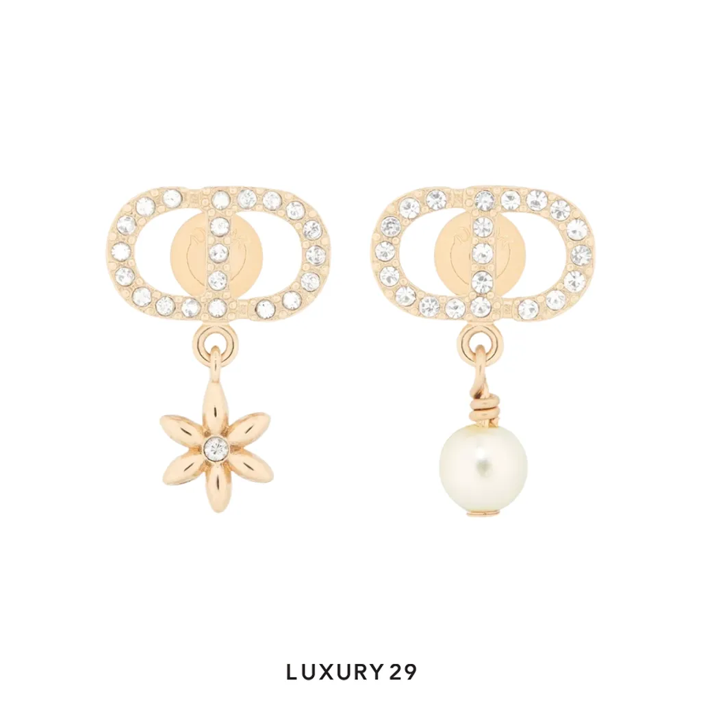 Dior Petit CD Daisy Earrings Pale gold-tone metal, white resin pearl, silver-tone crystal(Free Size, Gold)