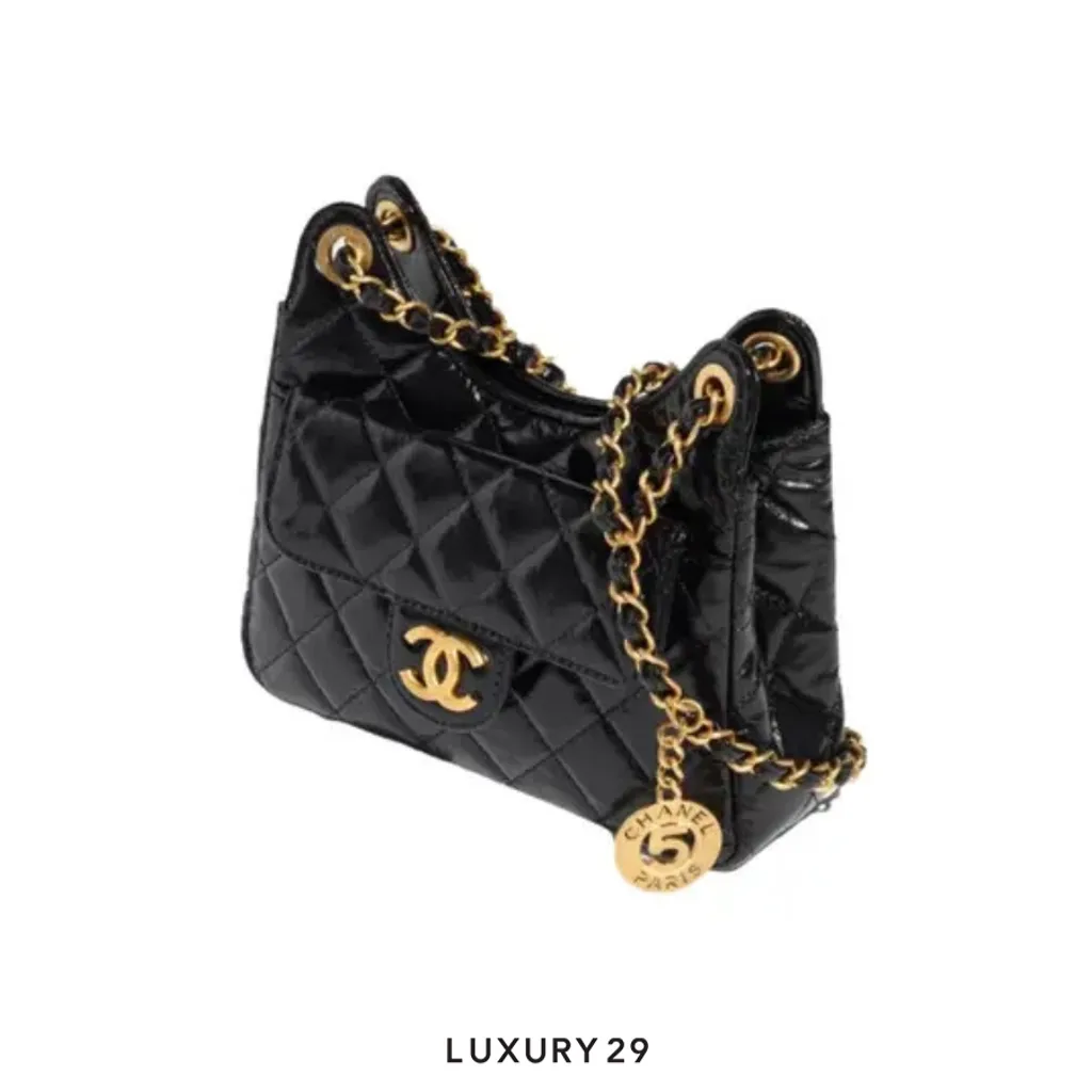 Chanel Shiny Crumpled Calfskin Black Gold-Tone Metal(Small, Black)