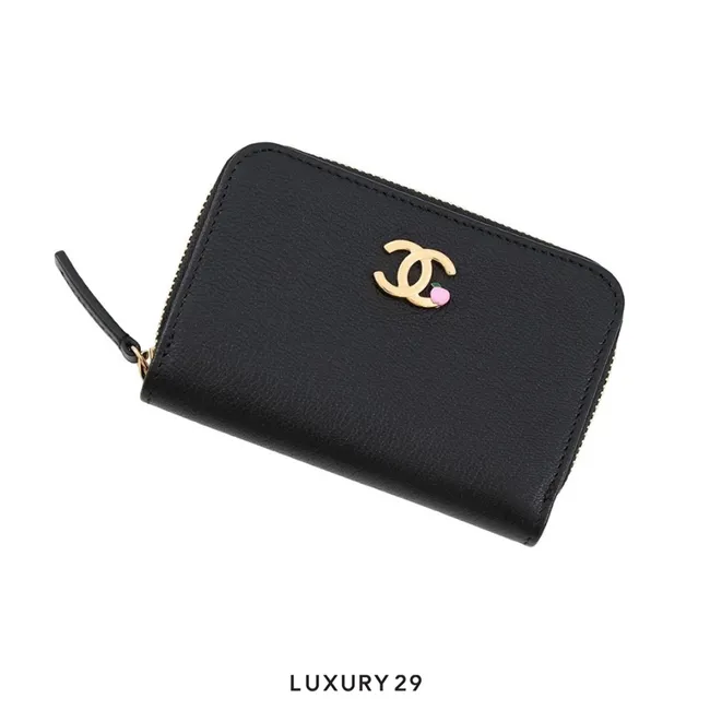 Chanel CC Logo Apple Motif Zip Coin Purse Grained Goatskin Leather Black