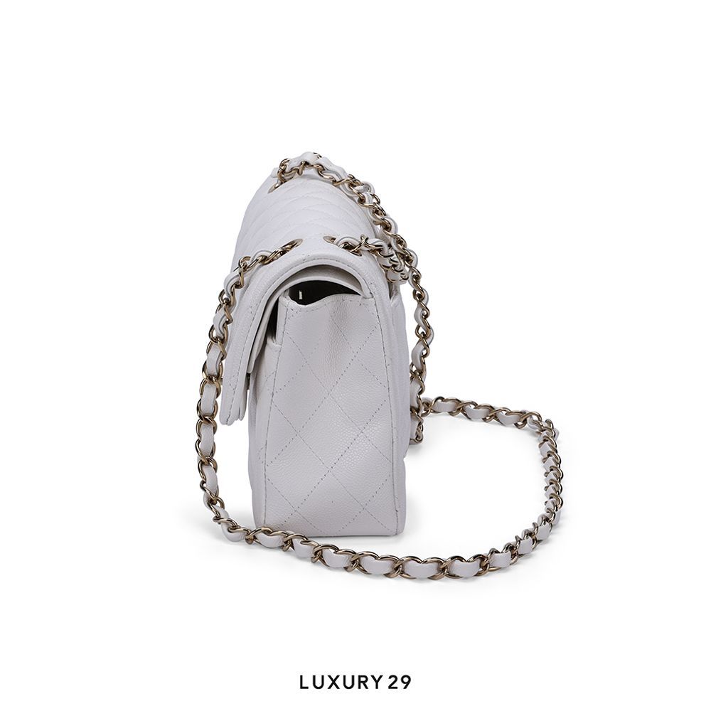 Chanel Small Classic Double Flap Bag White Caviar Light Gold Hardware(Small, White)