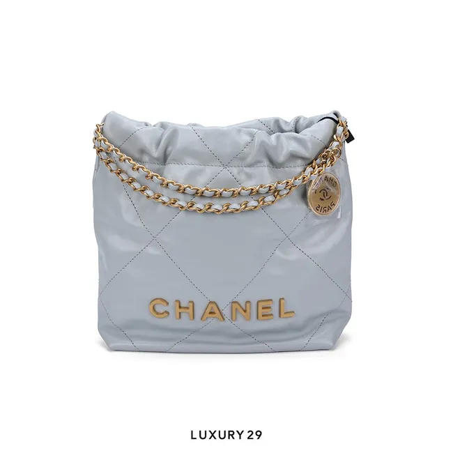Chanel 22 Mini Handbag Shiny Calfskin & Gold-Tone Light Blue