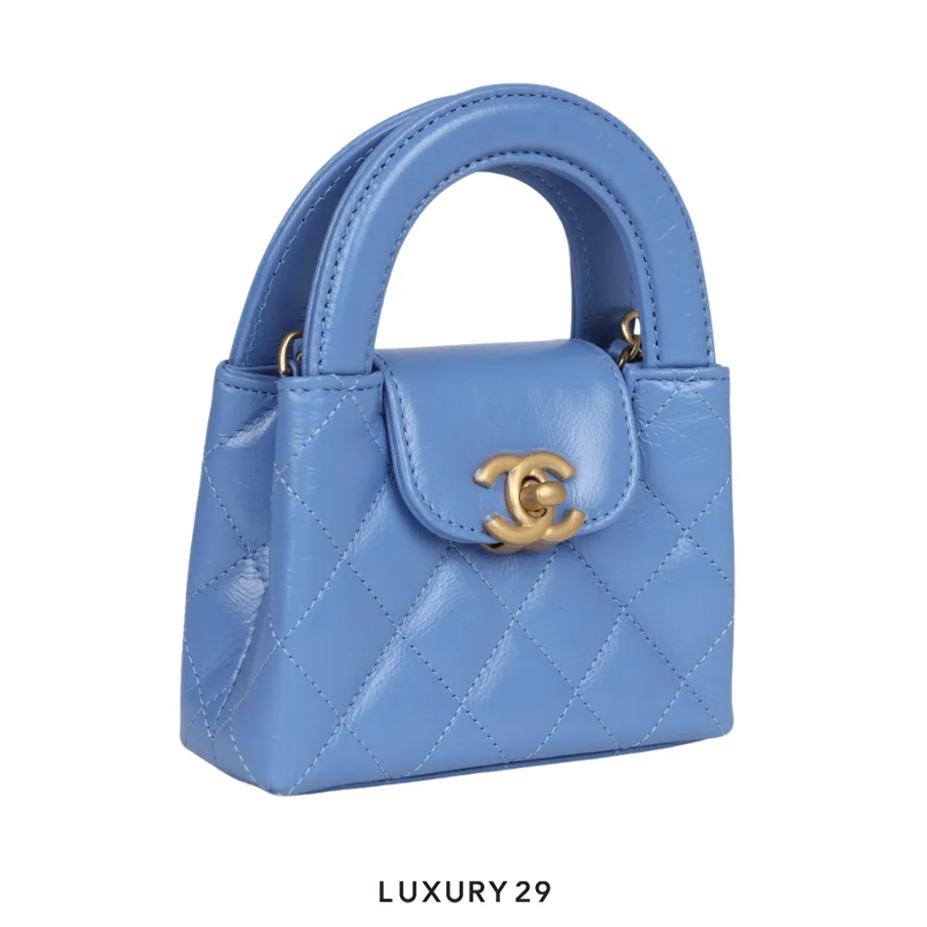 Chanel Micro Shopping Bag In Shiny Aged Calfskin With Gold-Tone Light Blue(Mini, Blue)