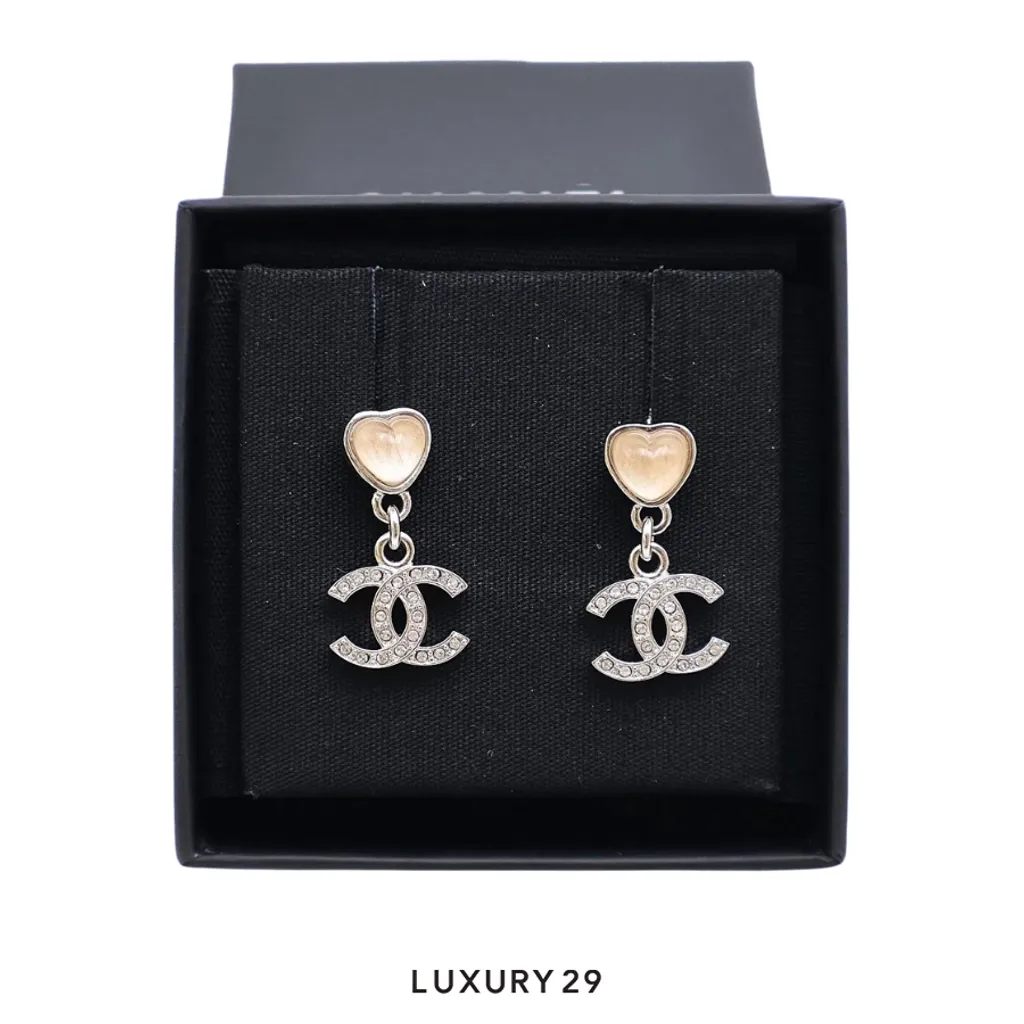 Chanel Crystal Heart Dangle CC Earrings(Free Size, Silver)