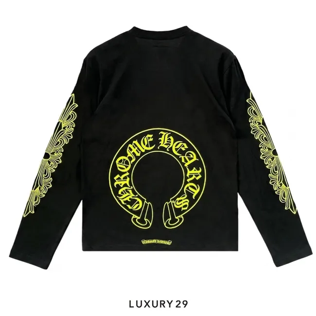 Chrome Hearts Neon Yellow Horseshoe Pocket  Long Sleeve T-Shirt Black