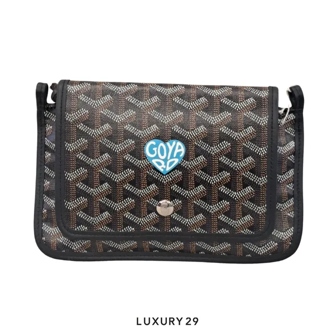 Goyard Plumet Pocket Wallet Black Hand-Painted Heart Sky Blue