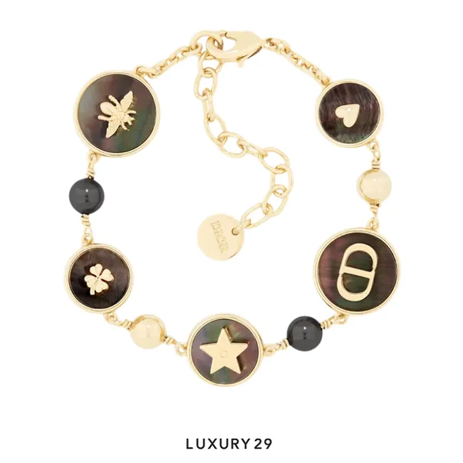 Dior D-Luck Bracelet Gold-Finish Metal, Deep Gray Resin Pearls and Tahiti Mother-of-Pearl