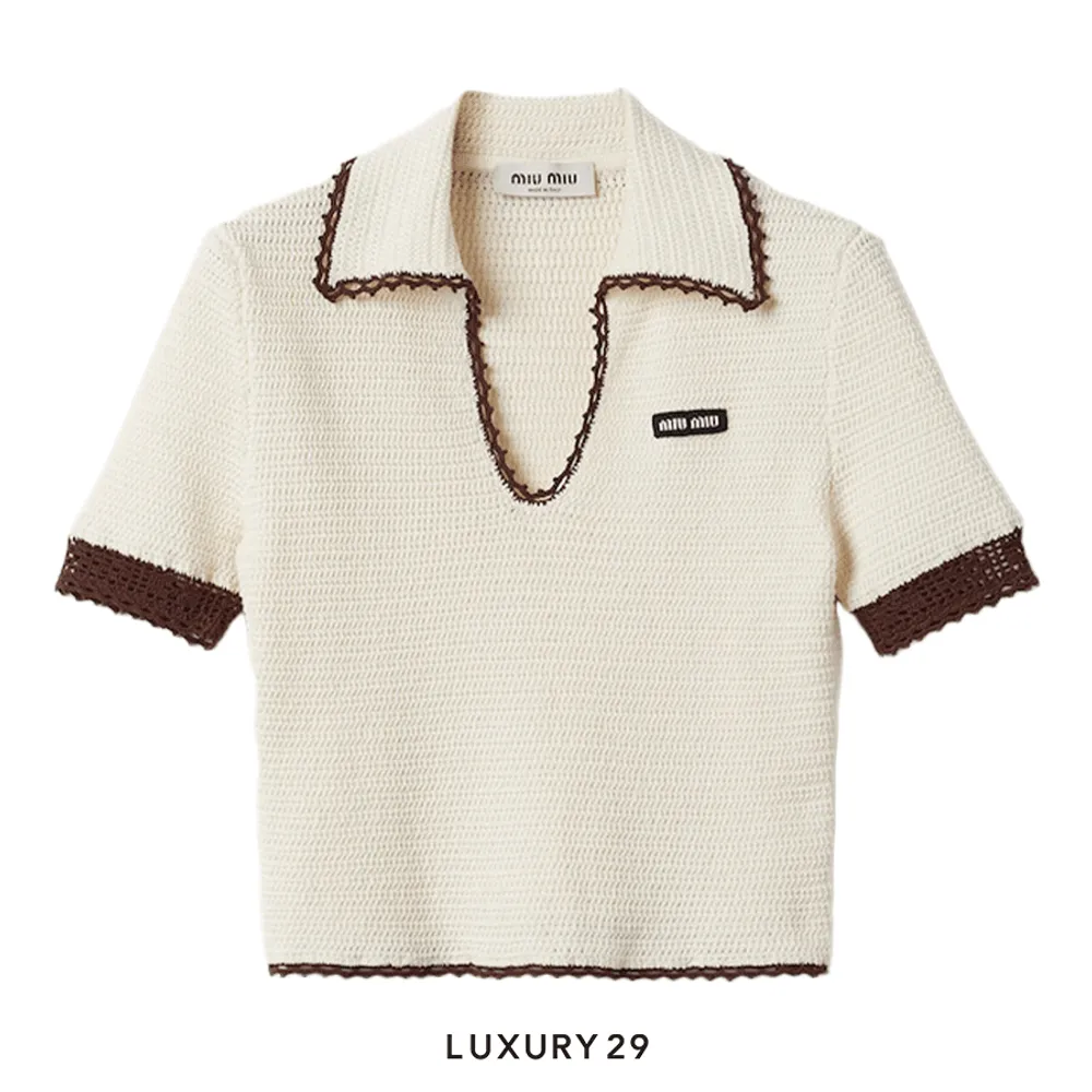 MIU MIU Crocheted cotton polo shirt Ivory/Cocoa Brown(2XS, Neutrals)