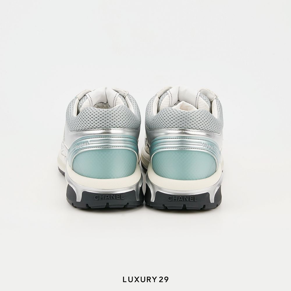 Chanel Trainers Fabric & Laminated Light Gray & Silvered(44, Grey)