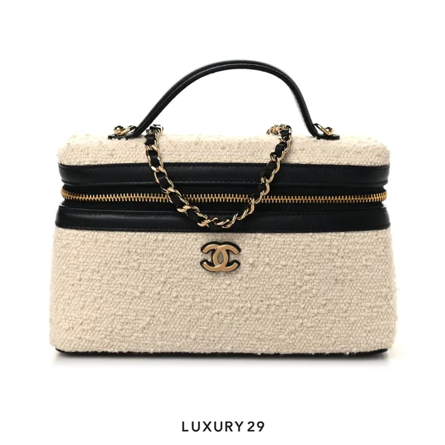 Chanel Boucle Calfskin Top Handle Slim Vanity Case With Chain Ecru Black