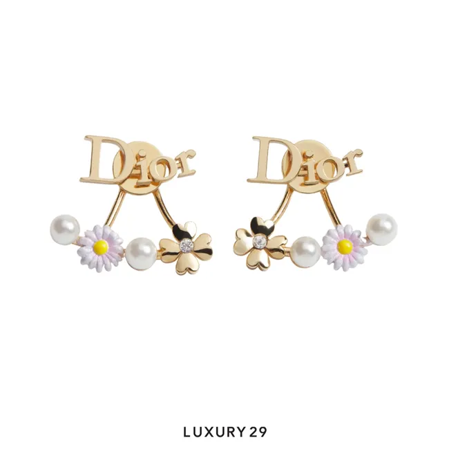Dior Mini Daisy Earrings Gold-Finish Metal, White Resin Pearls, Crystals and Multicolor Lacquer