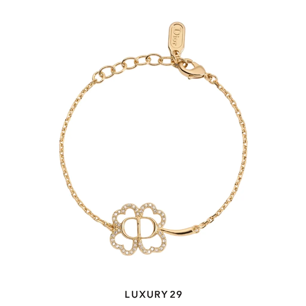 Dior CD Shiny Clover Bracelet Gold-Finish Metal and Crystals(Free Size, Gold)