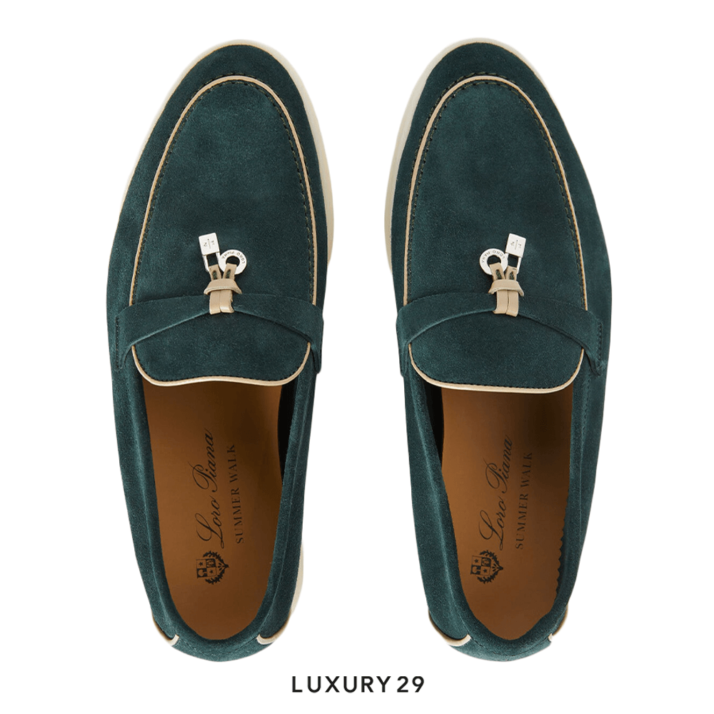 Loro Piana Summer Charms Walk Loafers Suede Goatskin Emerald Noire(36.5, Green)