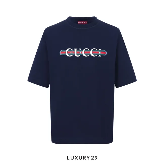 Gucci Cotton Logo Printed Jersey T Shirt Navy