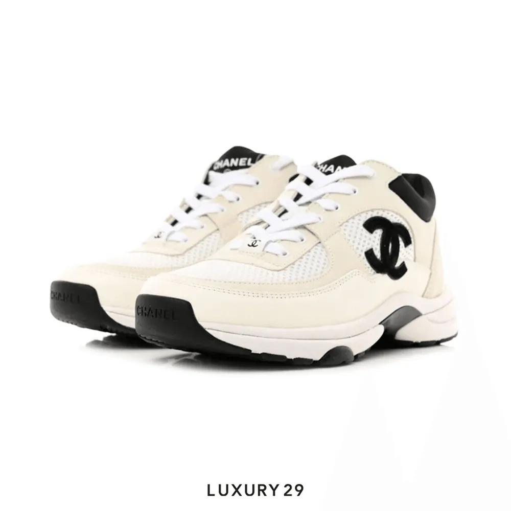 Chanel Trainers Fabric & Suede Calfskin White Black (Women's)(44, White)