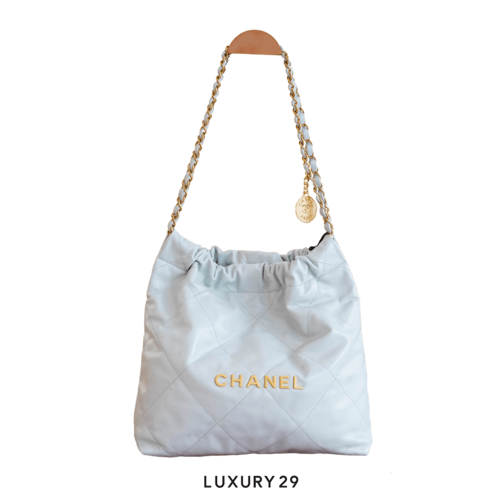 Chanel 22 Mini Handbag Shiny Calfskin & Gold-Tone Light Blue(Small, Blue)