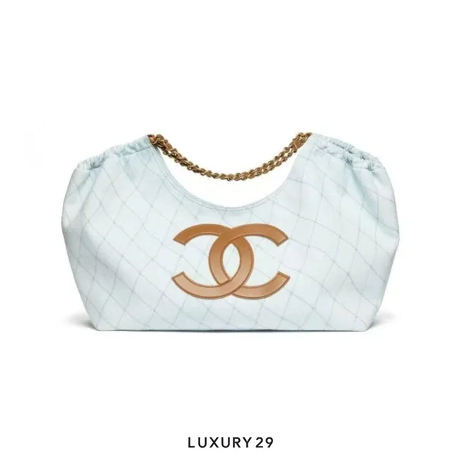 Chanel Coco Beach Small Tote Denim, Calfskin & Metal Baby blue jeans & Brown