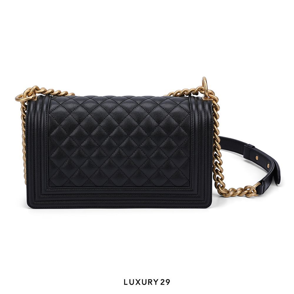 Chanel Old Medium Boy Bag Black Lamskin Gold Hardware(Medium, Black)