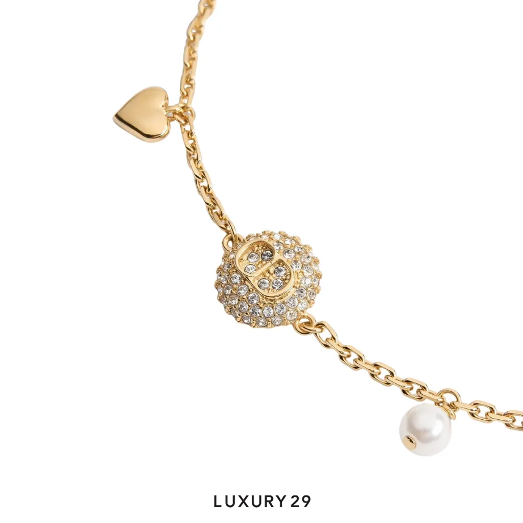 Dior Bracelet CD Disco Métal finition dorée, perle en résine blanche et cristaux(Free Size, Gold)