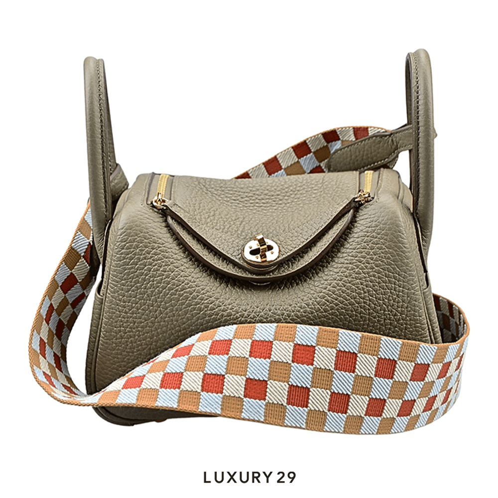 Hermes Lindy Mini Taurillon Clemence/Sangle Maxi Ouadril Etoupe(Mini, Brown)