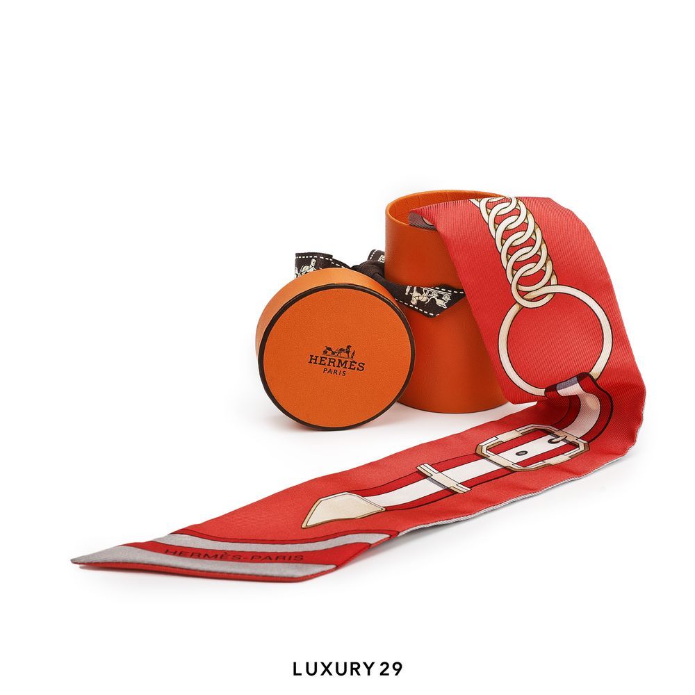 Hermes Grand Tralala twilly Gris Acier / Grenadine / Beige(Free Size, Orange)