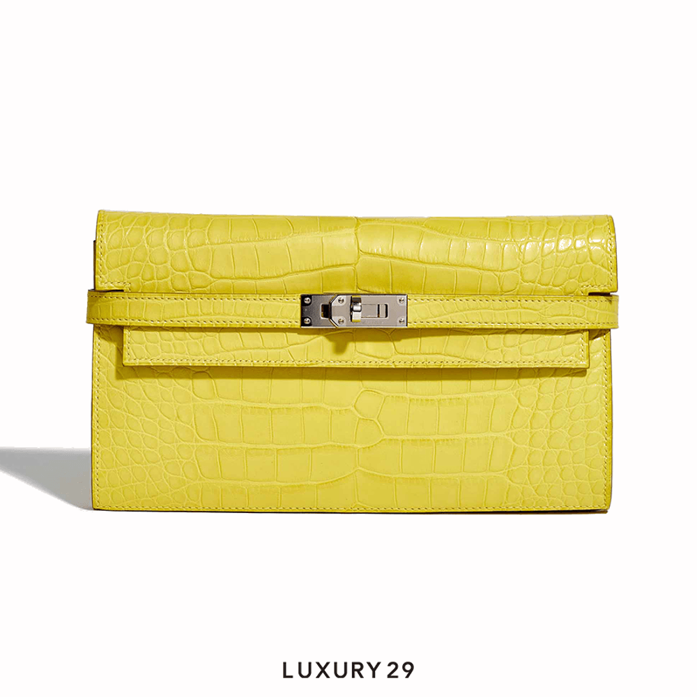 Hermes Matte Alligator Kelly Longue Wallet Mimosa / B Stamp (2023)(Medium, Yellow)