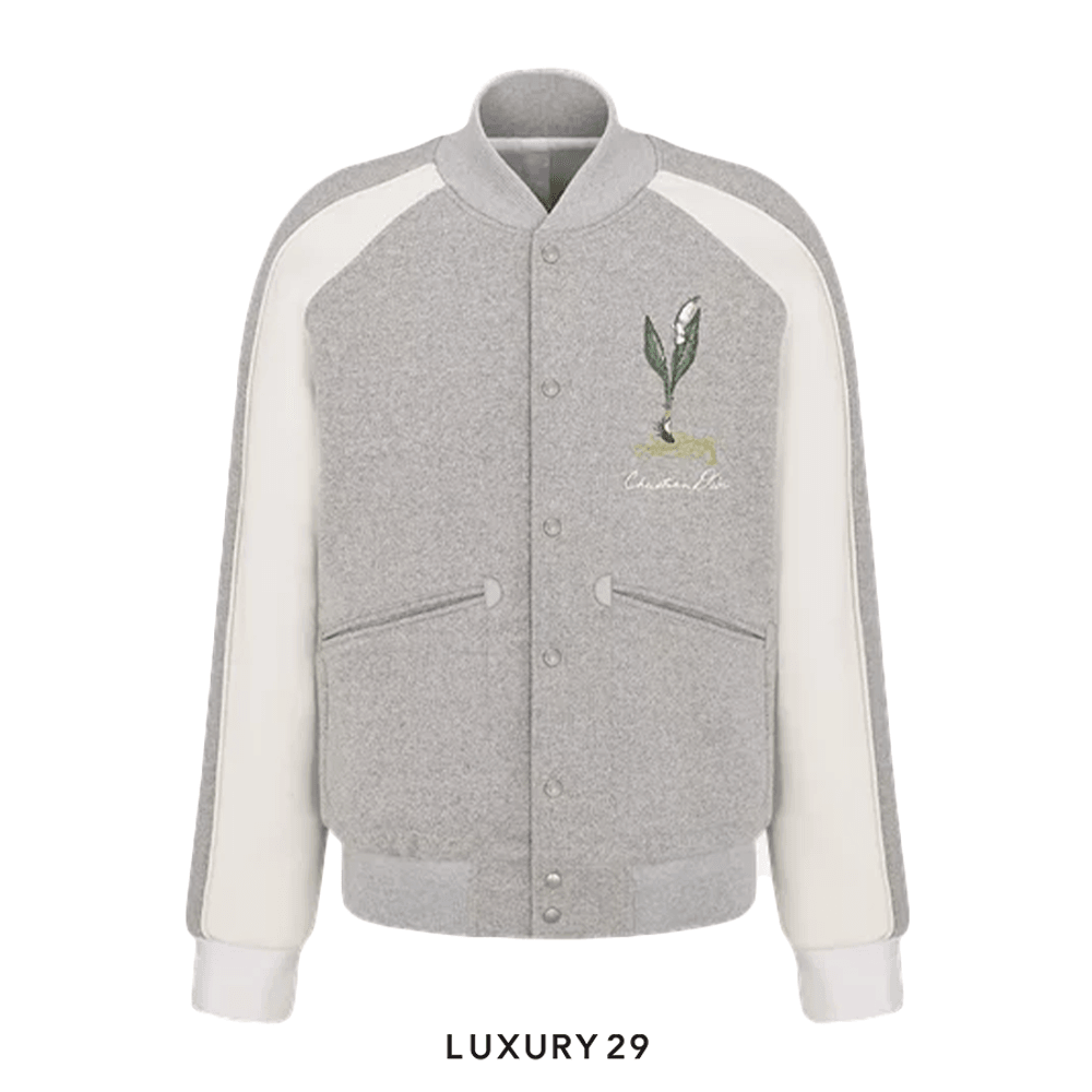 Dior Lily of the Valley Varsity Jacket Gray Cotton Fleece