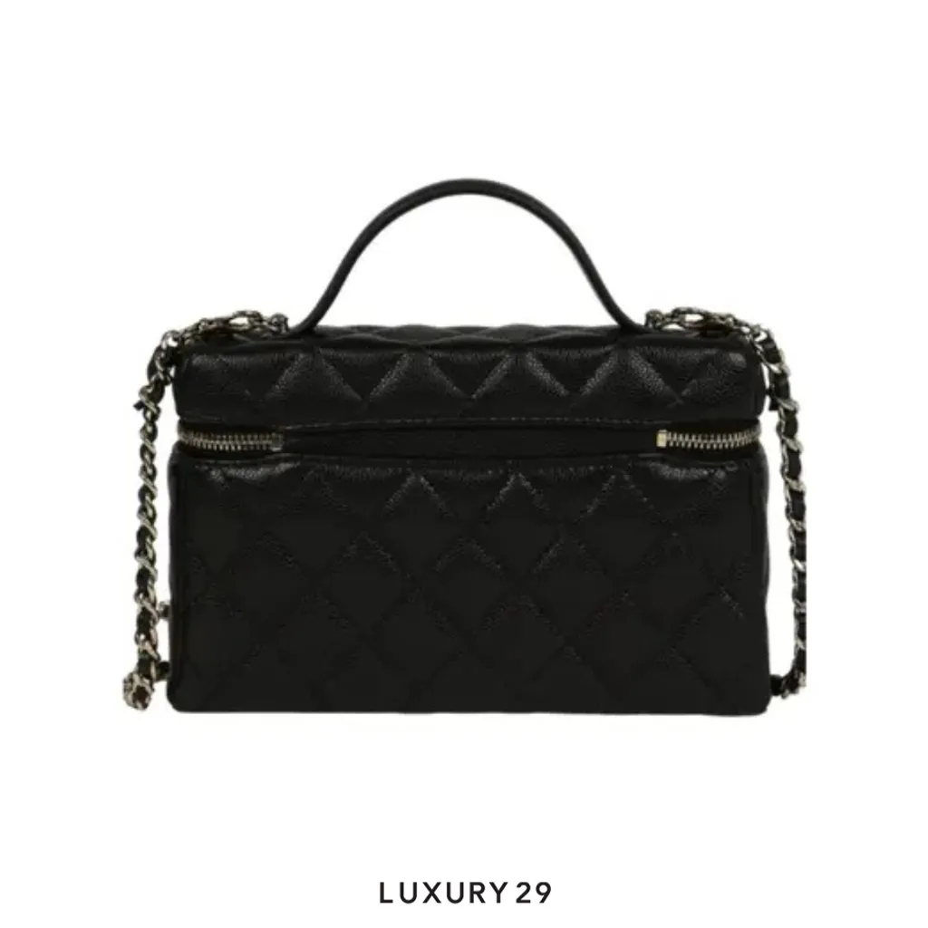 Chanel Top Handle Long Vanity Case with Chain Black Shiny Caviar with Gold-toned Hardware(Small, Black)