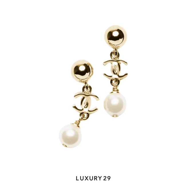 CHANEL Pendant Earrings Metal & Glass Pearls Gold & Pearly White