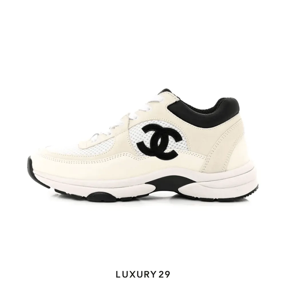 Chanel Trainers Fabric & Suede Calfskin White Black (Women's)(44, White)