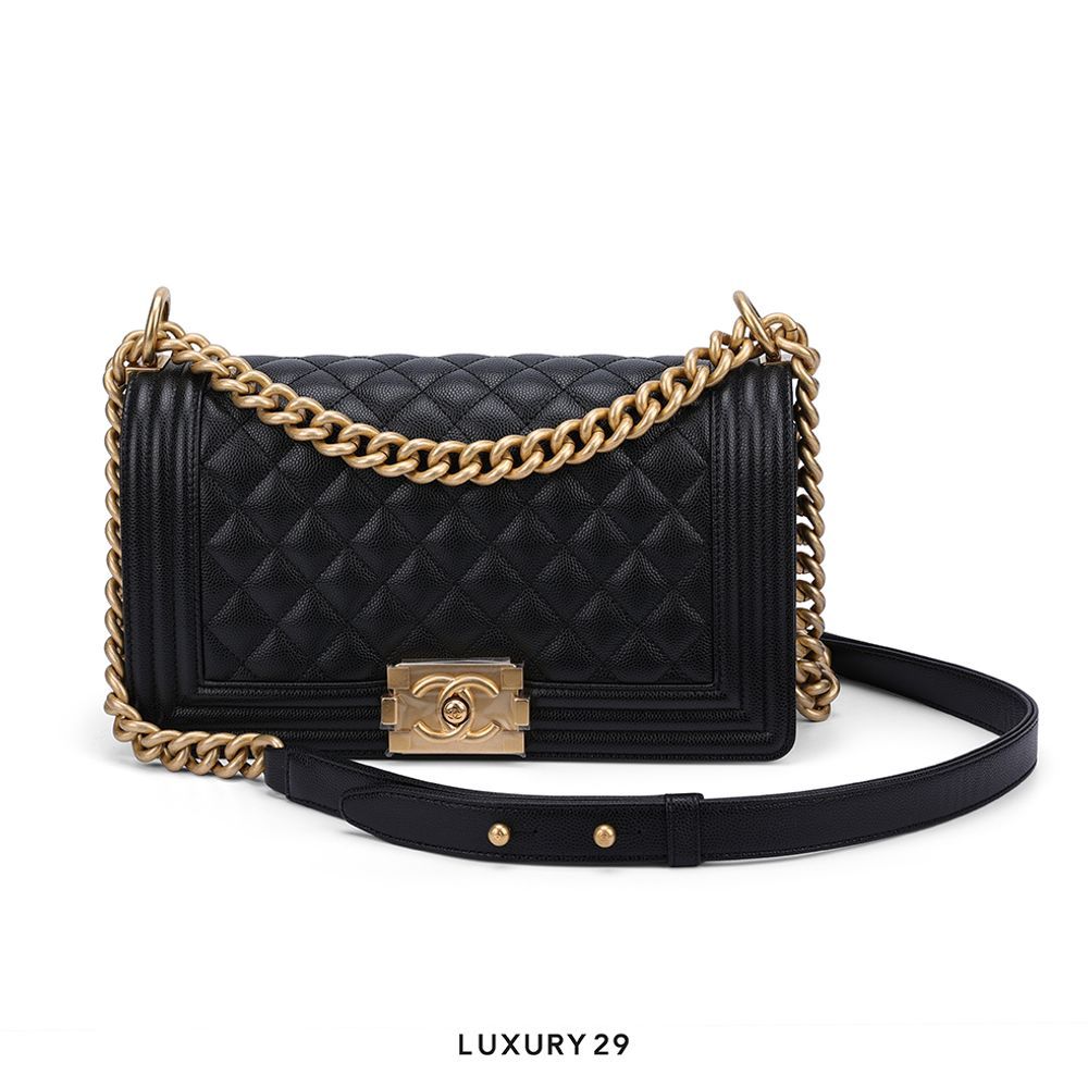 Chanel Old Medium Boy Bag Black Lamskin Gold Hardware(Medium, Black)
