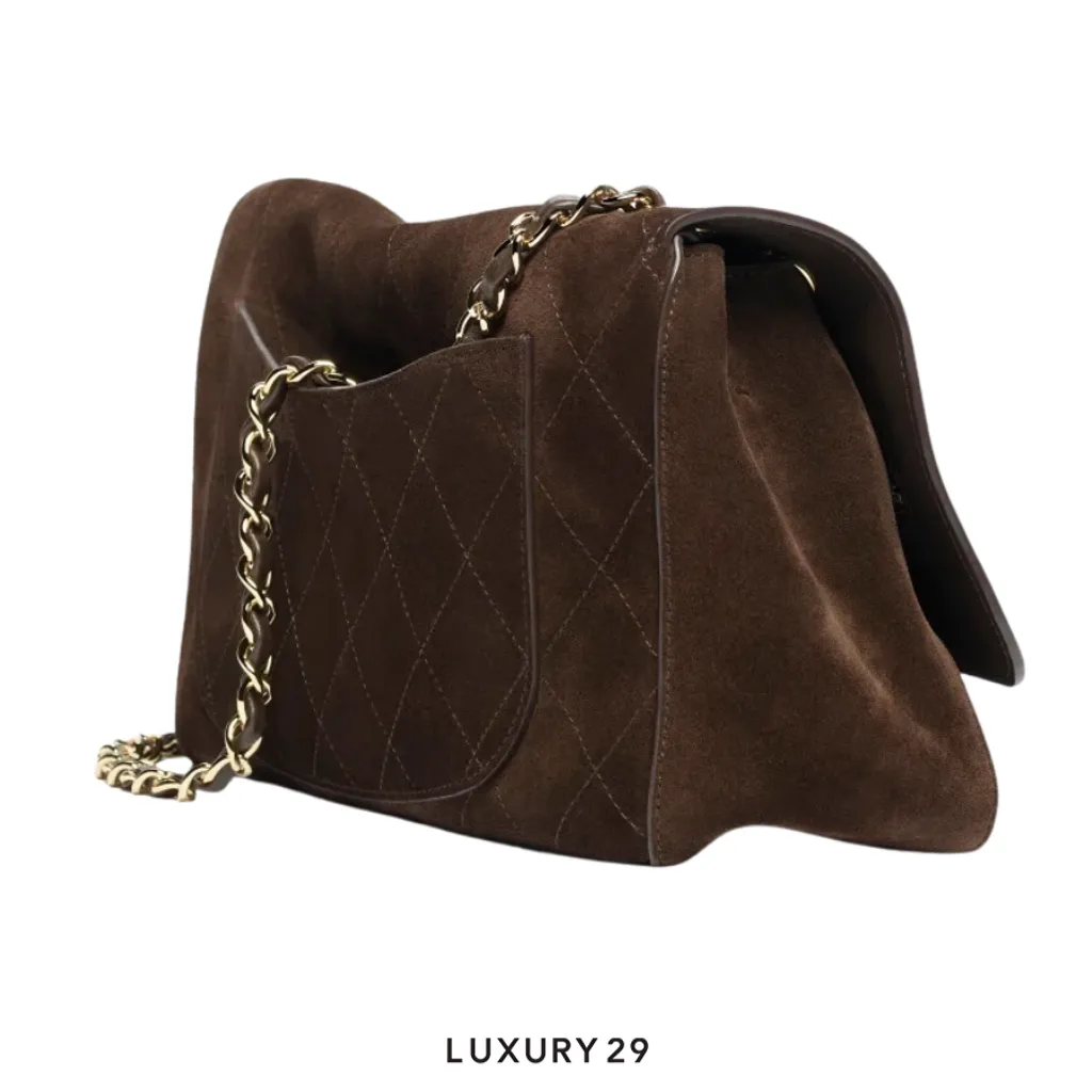 Chanel Spring Summer 2026 Maxi Flapbag Suede Calfskin & Gold Metal Dark Brown(Small, Brown)