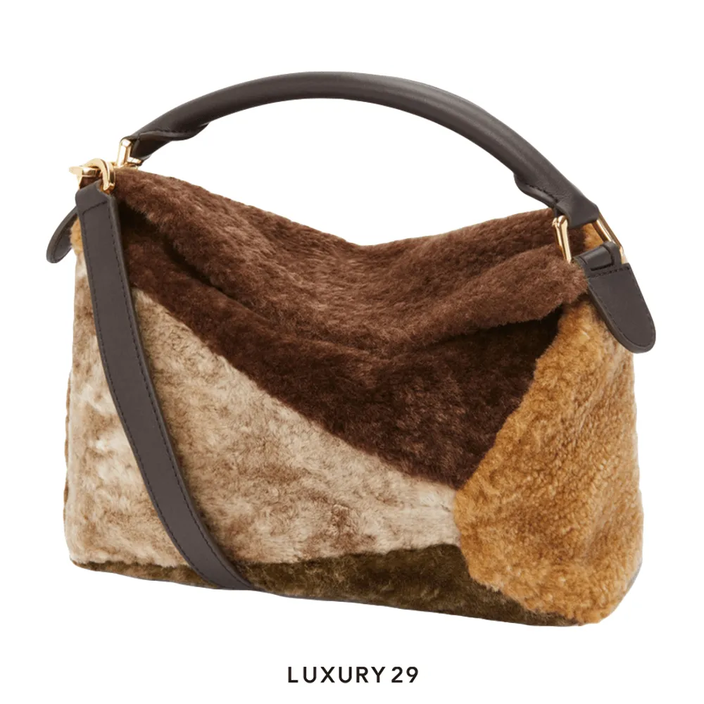 Loewe Small Puzzle Bag in Shearling Multicolor(Small, Brown)